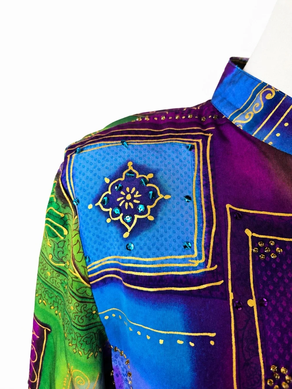 Vintage Diane Gilman 100% Silk Tunic M Jewel Tone Patchwork Art to Wear Y2K